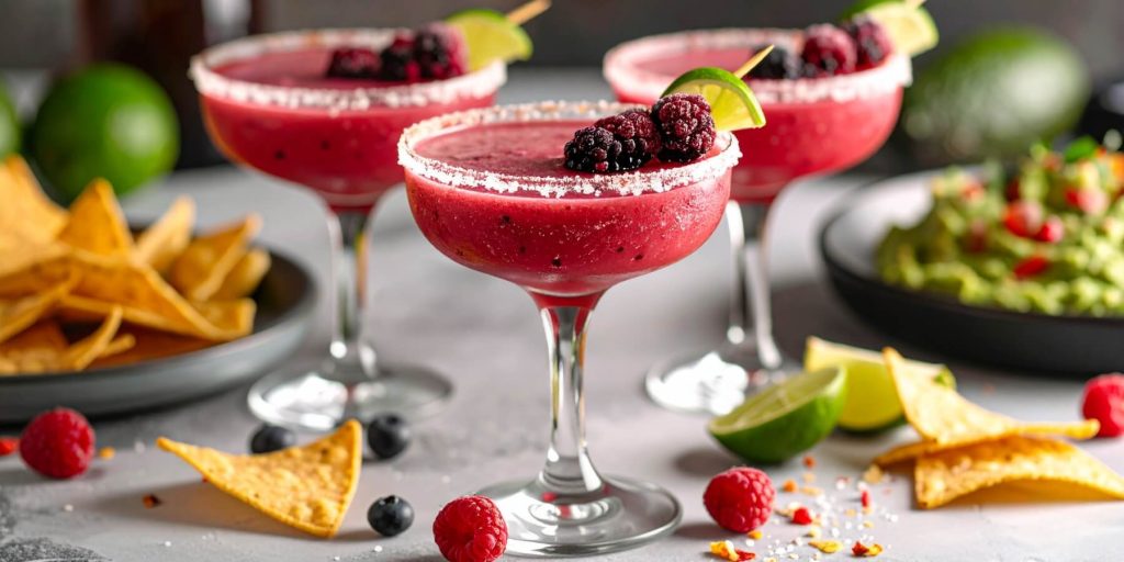 Three Mixed Berry Margaritas with frozen berry skewer garnish