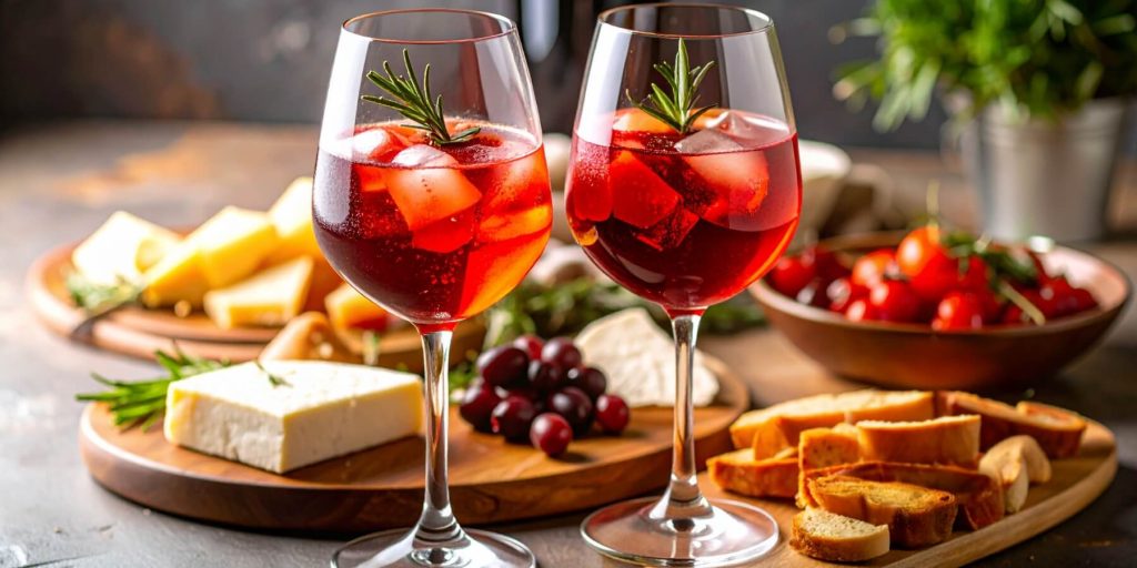 Close up of two Campari Spritz and gin cocktails served with aperitivo snacks