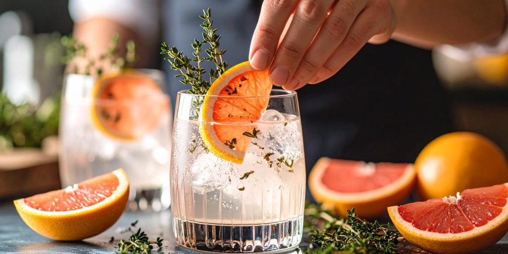 Close-up of a hand garnishing a G&T with a slice of halved grapefruit