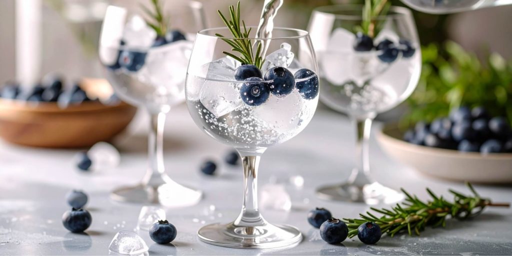 Close up of tonic water being poured into an ice-filled gin glass garnished with blueberries and rosemary