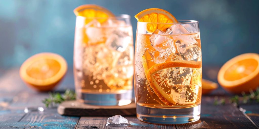 Two Grand Gin and Tonics with orange garnish