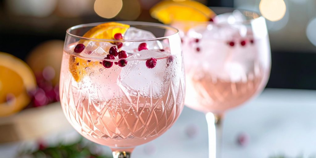 Close-up of two Pink Peppercorn Orange and Hibiscus Gin and Tonic