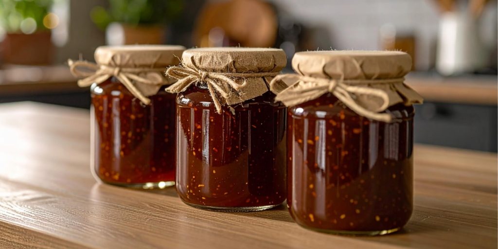Close-up of three jars of bacon and bourbon jam