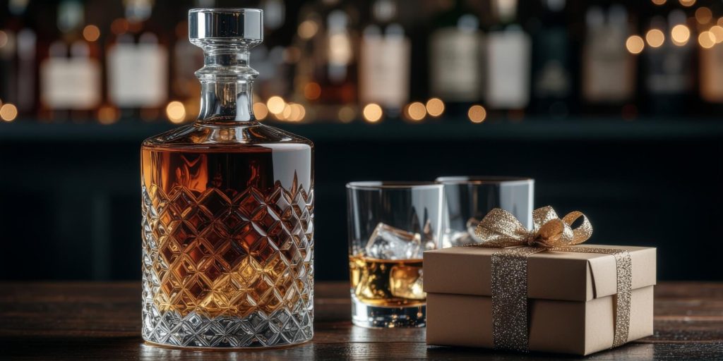 A decanter filled with bourbon net to a gift box, bar shelf background