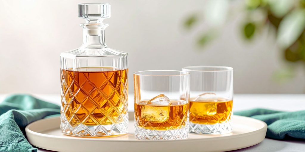 Two bourbon glasses next to a decanter on a tray