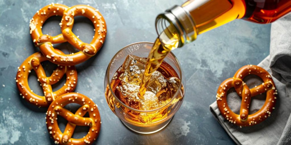 Overhead shot of bourbon being poured into a rocks glas