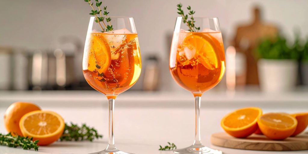 Aperol Spritz mocktails with sprigs and oranges