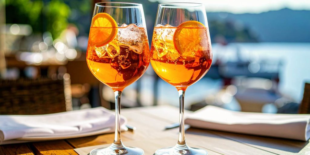Close-up of two Aperol Spritz cocktails served at an Italian cafè
