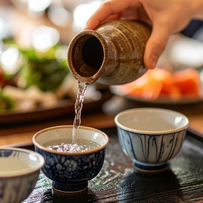 Close-up of a hand pouring sake into a traditional Japanese clay cup