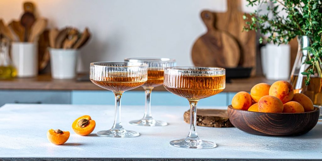Three Mule's Hind Leg cocktails in coupe glasses on a home kitchen counter next to a bowl of apricots