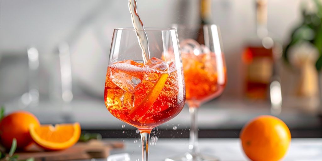 Pouring a Campari Spritz with a glass of Aperol in the background and oranges