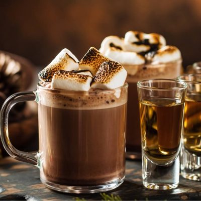 Two glass mugs of tequila hot chocolate with tequila shots