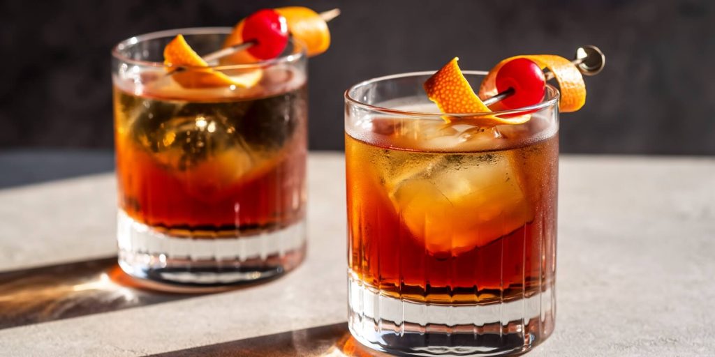 Two glasses of Old Fashioned cocktails with ice and garnish