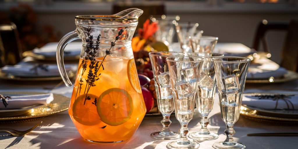 A glass pitcher filled with an orange-hued Thanksgiving batch cocktail, Fall Gin + Citrus Punch, infused with ice, lemon and orange slices, and sprigs of lavender. Set on an elegant dinner table with crystal glasses and fall décor.