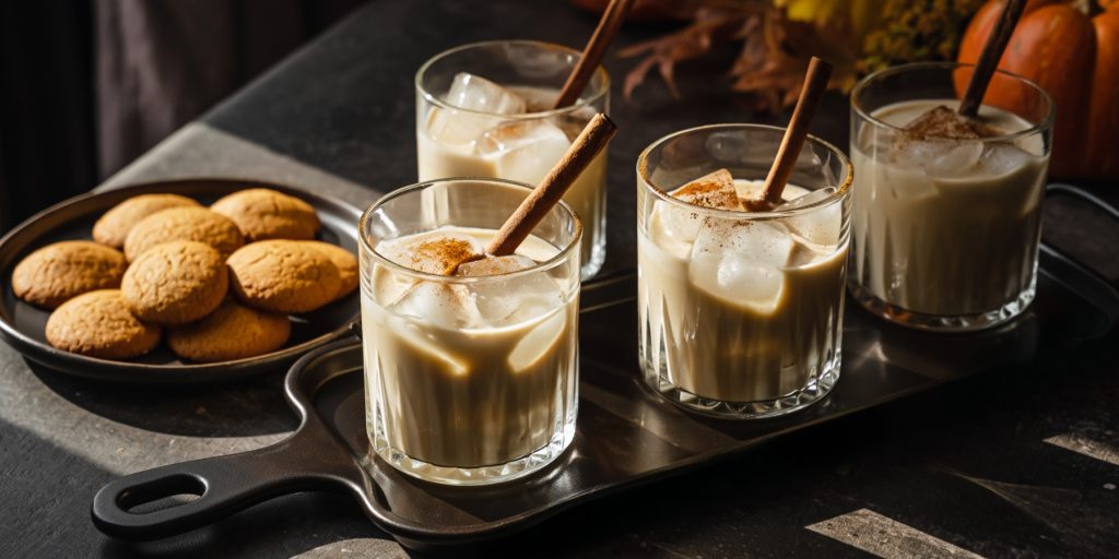 Four glasses of creamy Thanksgiving batch cocktail Pumpkin Spice White Russian, served over ice and garnished with cinnamon sticks. A tray of pumpkin cookies and autumn décor set the festive tone.