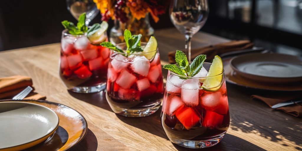 Three glasses of Thanksgiving batch cocktail Sparkling Pomegranate Punch, filled with ice and garnished with lime wedges and mint sprigs. The red drinks are displayed on a wooden table with place settings and fall florals. 