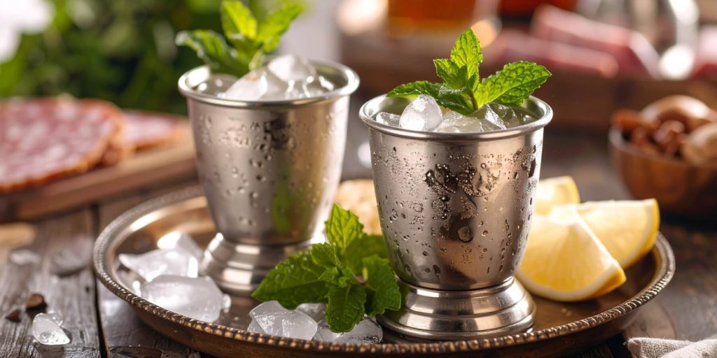 Two chilled Cynar Julep Argentinian cocktails served in silver julep cups, brimming with crushed ice and fresh mint. The cups sit on a copper tray with lemon wedges and ice, surrounded by charcuterie and rustic wood elements.