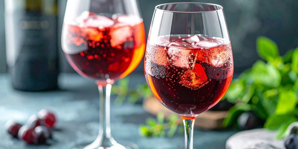 Two Malbec Spritz Argentinian cocktails in wine glasses, filled with a bubbly red liquid and ice cubes. A dark wine bottle and green herbs add contrast in the soft, moody background.
