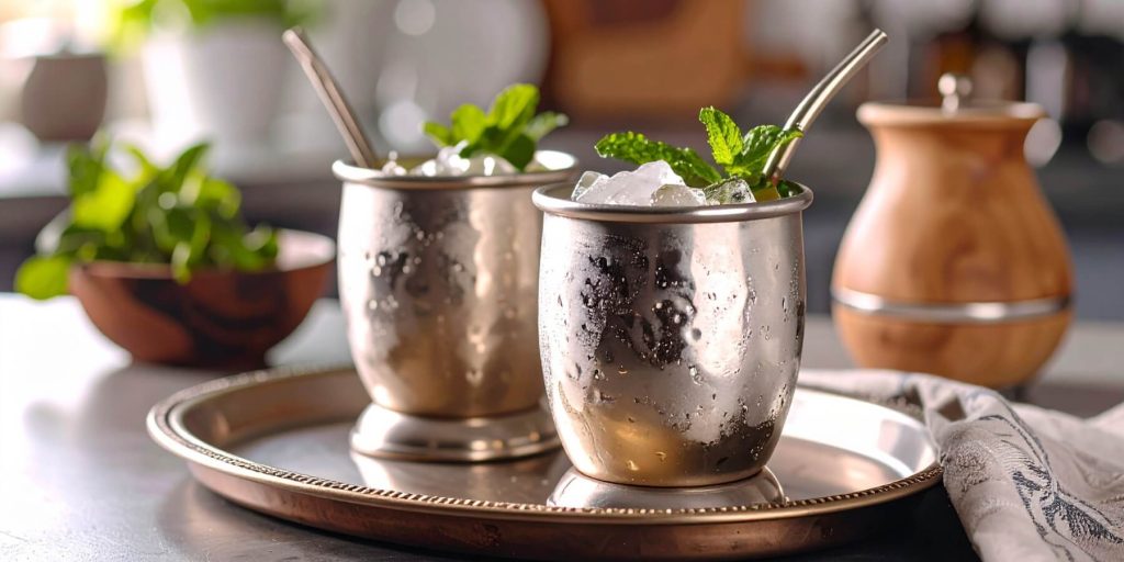 Two Mate Julep Argentinian cocktails served in silver cups with crushed ice and mint sprigs, placed on a metal tray. The setup includes wooden jars and a softly blurred kitchen background for a homey feel.