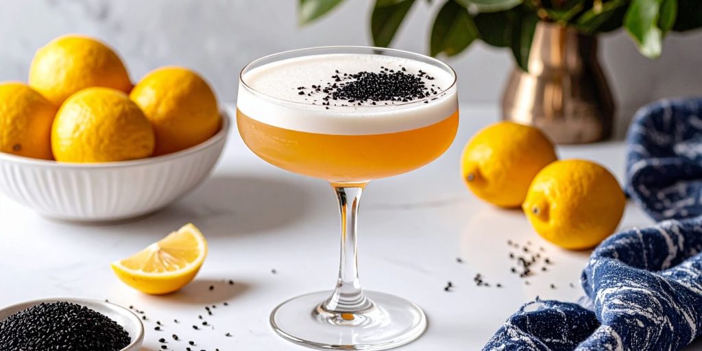 A single coupe glass of the Toasted Sesame Sour, with a thick foam top sprinkled with black sesame seeds. Lemons and scattered seeds sit nearby on a white surface.