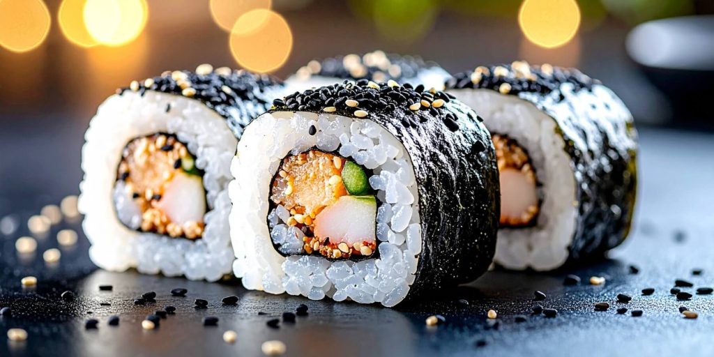 Close-up of sushi rolls topped with black and white sesame seeds, arranged in a row with a glistening finish, evoking a pairing or inspiration for a sesame-themed cocktail.
