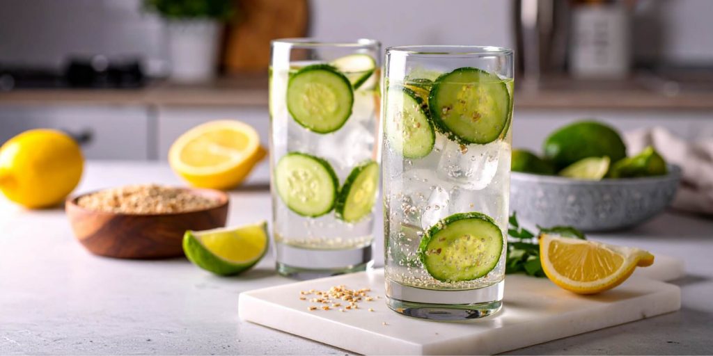 Two tall Highball cocktails with cucumber slices and sesame seeds visible in the effervescent liquid. Surrounded by lemon wedges and limes on a bright countertop.