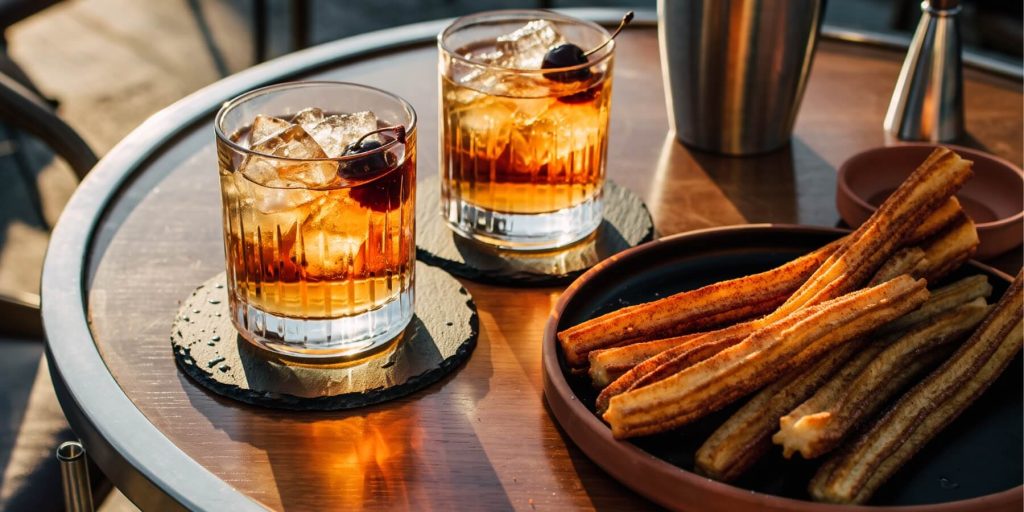 Two Añejo Old Fashioned cocktails on the rocks with luxardo cherry garnish, served with cinnamon churros
