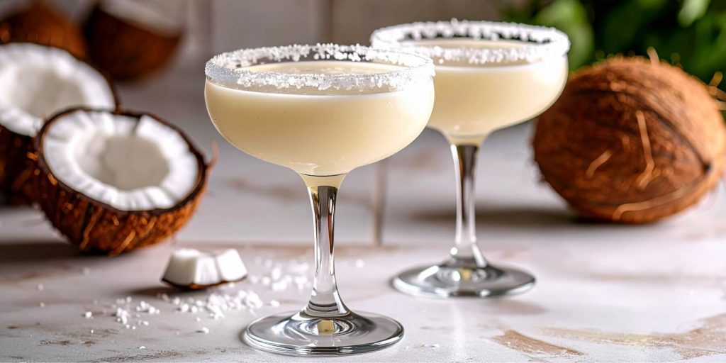Two creamy Coconut Margaritas, halved coconuts in the background