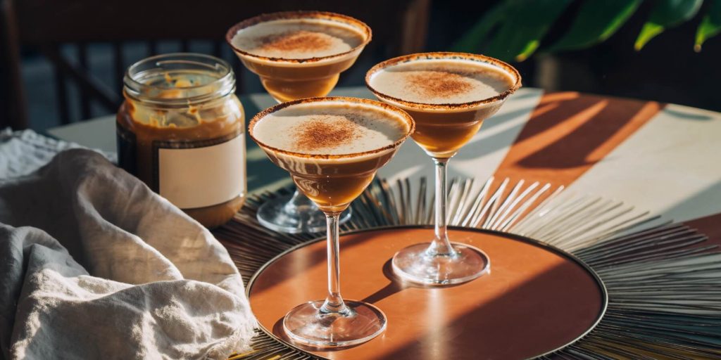 Close-up of three decadent Dulce de Leche Mexican dessert cocktails