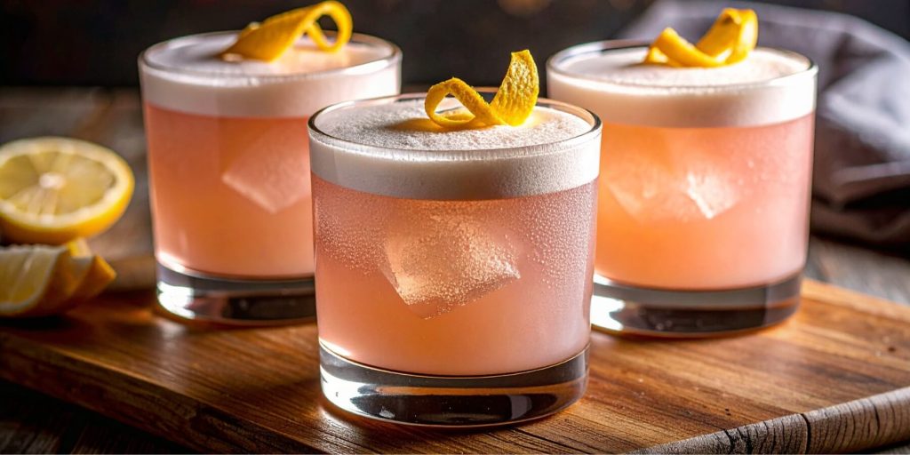 Three Sarti Pink Sours in lowball glasses, foamy tops and lemon peel garnish