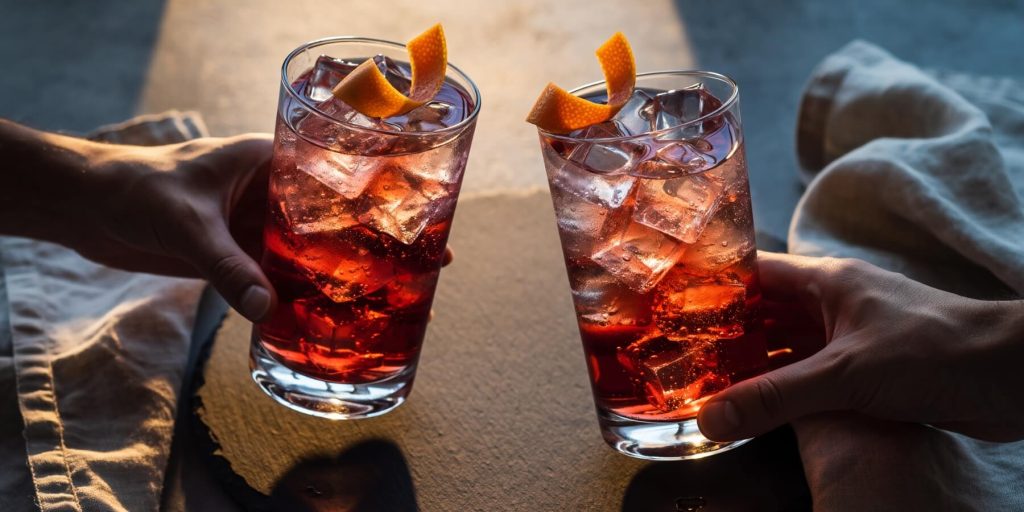Two spritz cocktails in highball glasses garnished with orange peel