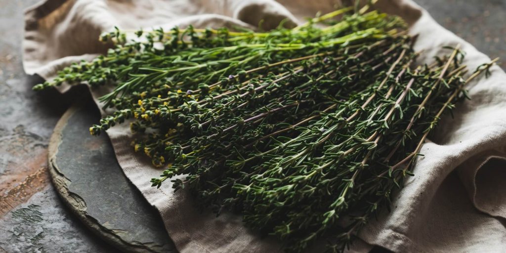 Foraged thyme and rosemary on a rustic table setting 