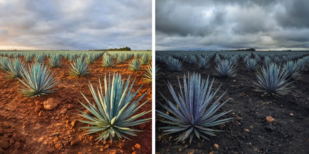 A collage of two blue agave fields to represent the highlands and lowlands where they are grown in Jalisco