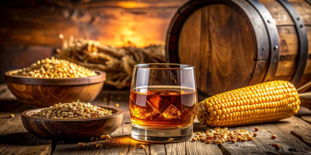 A glass of bourbon on a wooden table surrounded by corn and rye grains with a barrel in the background.