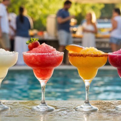Close-up of four colorful frozen cocktails in frosty glasses with citrus garnishes and condensation, sharply focused in the foreground, with a blurred poolside barbecue scene and sunny outdoor gathering in the background.
