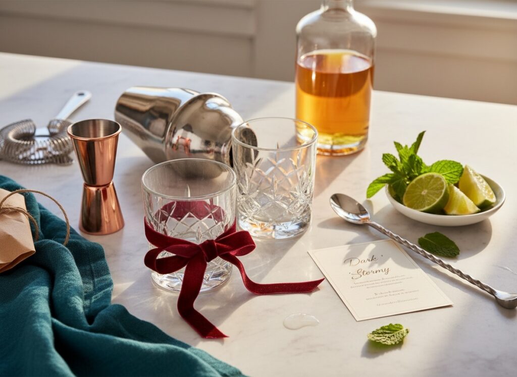 Rum cocktail gift set with crystal glasses, copper jigger, shaker and golden rum on a marble bar in warm light.