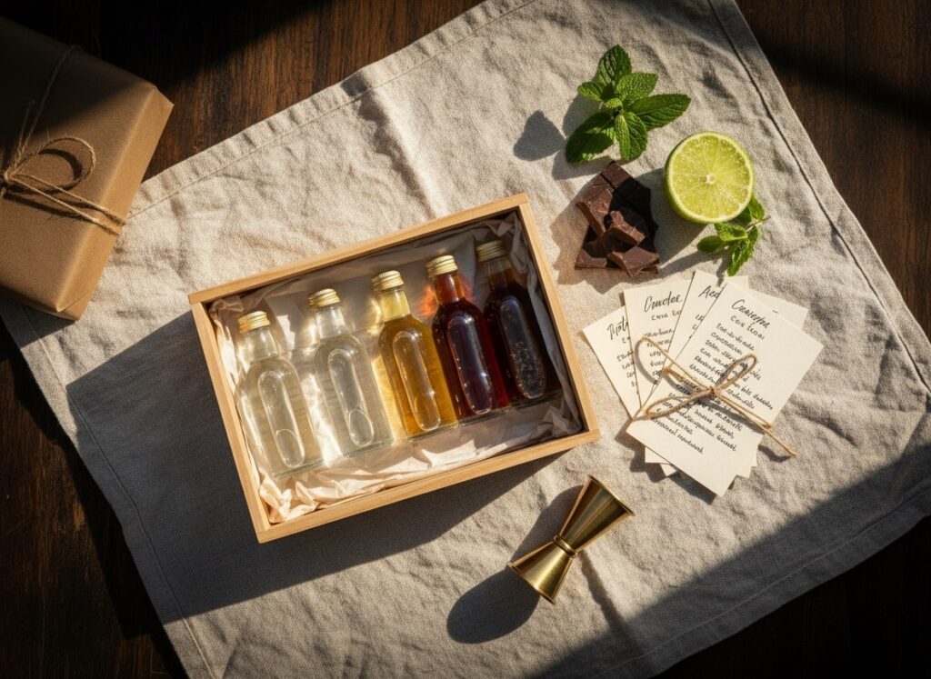 A flatlay of mini bottles, lined up. Different colours of rum (white, gold, dark, spiced) genuinely vary the palette across the page. Playful, gift-y, distinct.