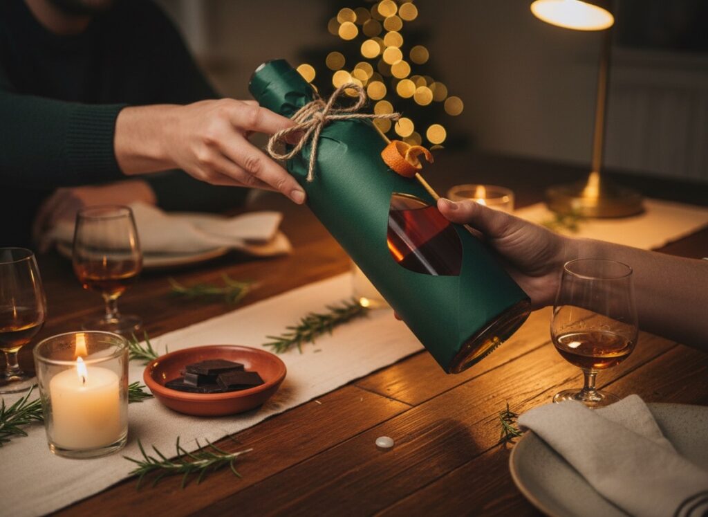 A wrapped rum bottle being handed across a table — captures the whole article's premise in one frame. Warm, human, immediately gift-coded.