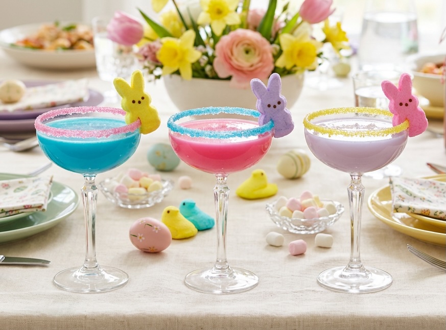 Three colorful Peep cocktails on an Easter lunch table, each with a different drink color, sugared rim, and Peep garnish.