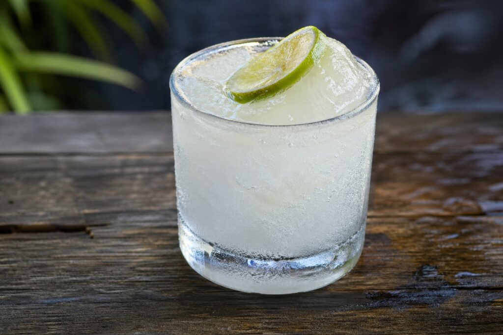 Close up of a frozen gin and tonic, garnished with a slice of lime