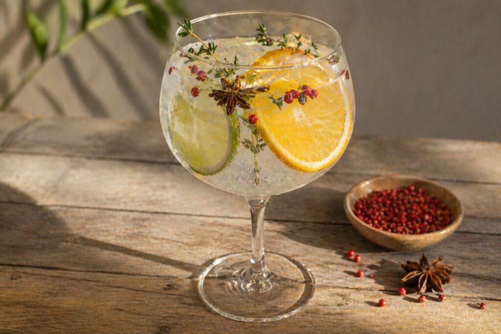 spanish gin and tonic, with spices, orange slice, lime, star anis