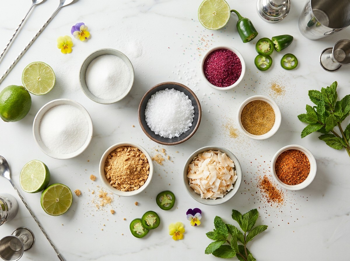 Overhead view of a marble surface covered with bowls of cocktail rim ingredients including sugar, salt, Tajín and edible glitter, surrounded by halved limes, jalapeño slices, mint and edible flowers.