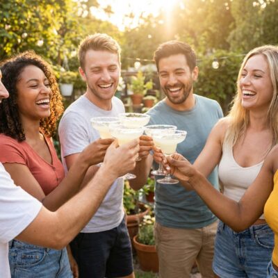 Friends toasting with salt-rimmed Margarita glasses at an outdoor summer party in golden-hour light