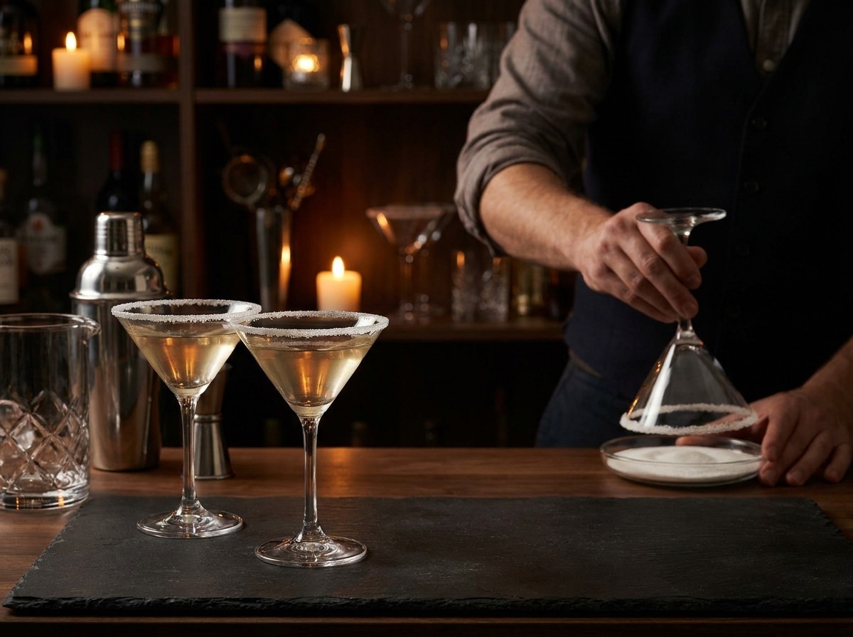 A person rimming a Martini glass with sugar at a candlelit home bar, with two finished sugared Martini glasses in the foreground.
