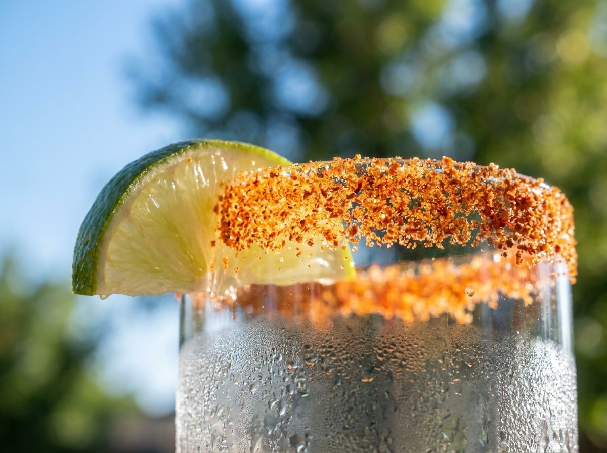Close-up of a rocks glass with a vivid Tajín rim against a bright outdoor background with blue sky and greenery.