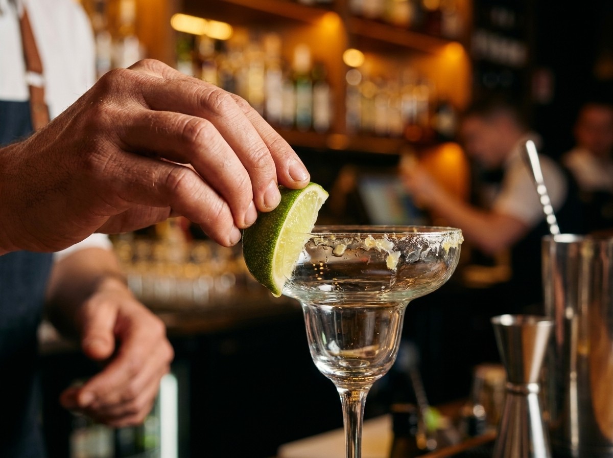 A bartender's hand running a lime wedge around a Margarita glass rim against a blurred bar background