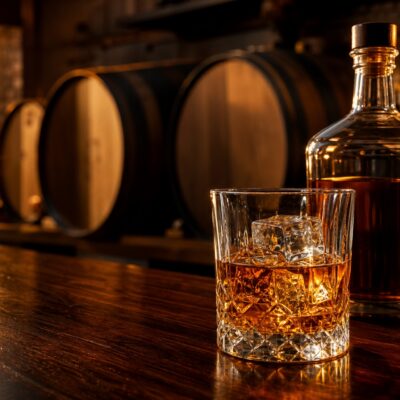 Crystal tumbler of amber whiskey beside a whiskey bottle on a polished wooden bar, with warm golden light and blurred barrels in the background.