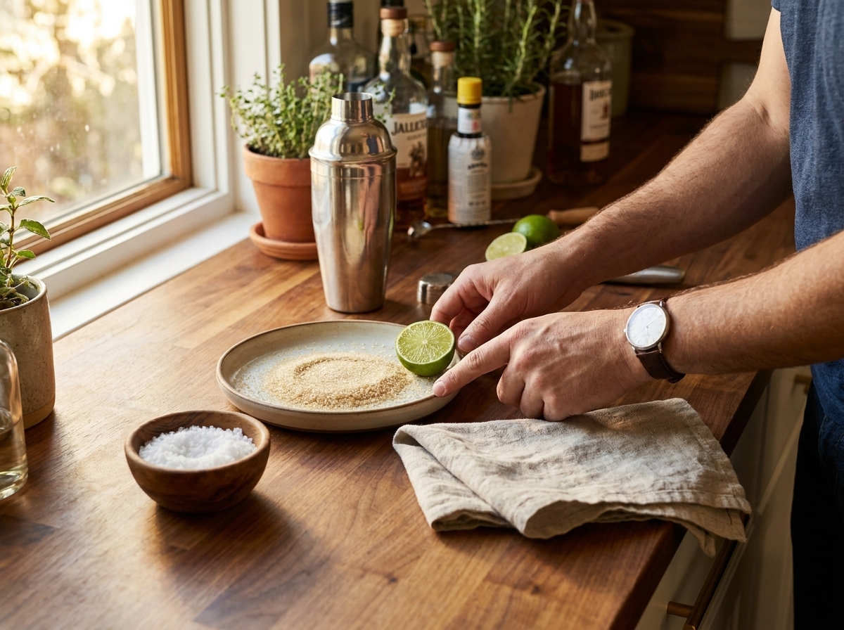 A person setting up cocktail rimming supplies including sugar, salt and a lime on a wooden kitchen counter.