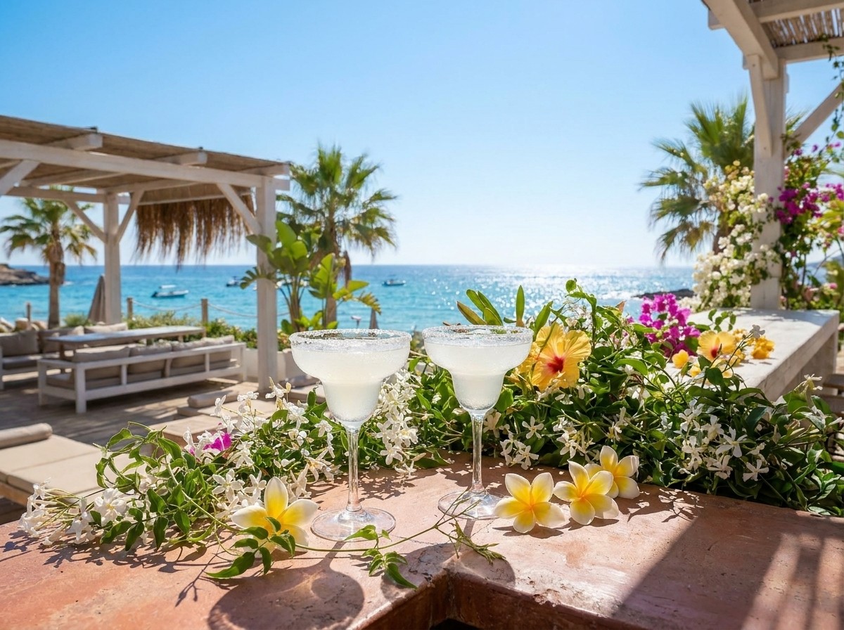 Two sharp-focus salt-rimmed Margarita glasses on a dark terracotta bar top with tropical foliage and flowers behind them and a glimpse of blue ocean above.